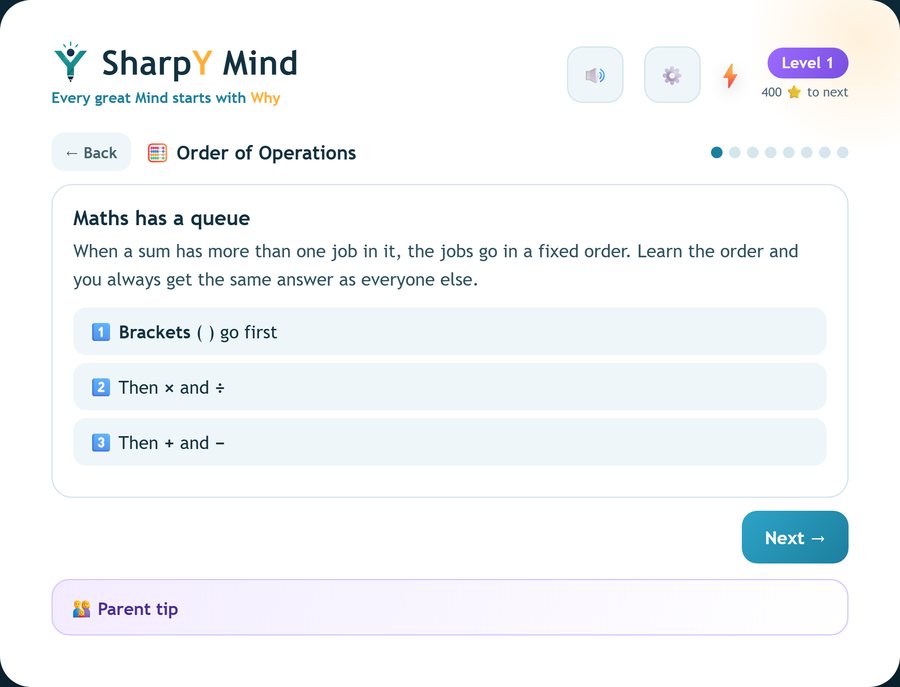 Lesson card for Order of Operations: Maths has a queue. Brackets first, then multiply and divide, then add and subtract.