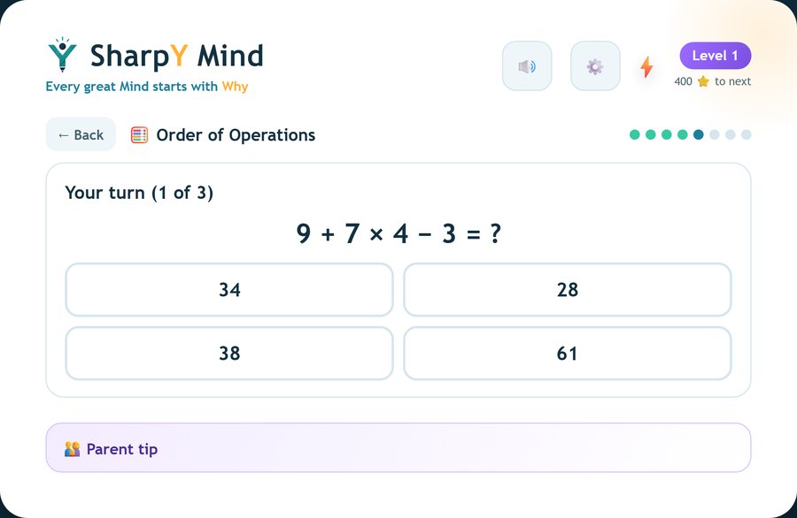 A Your turn question, 1 of 3, 9 + 7 × 4 − 3, with four answer options.