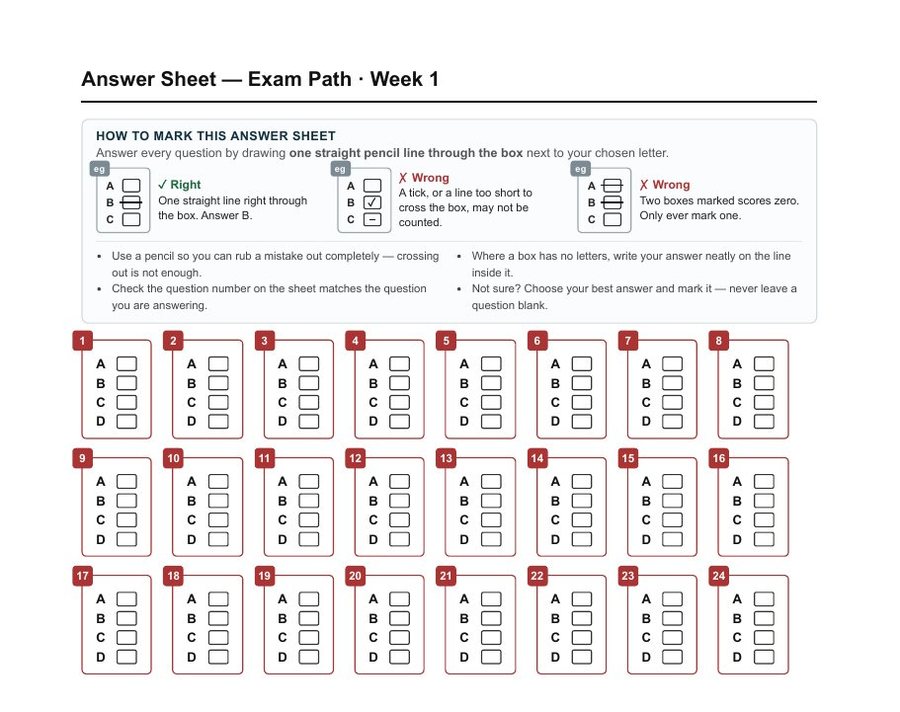 The matching answer sheet with lettered boxes and how-to-mark instructions.