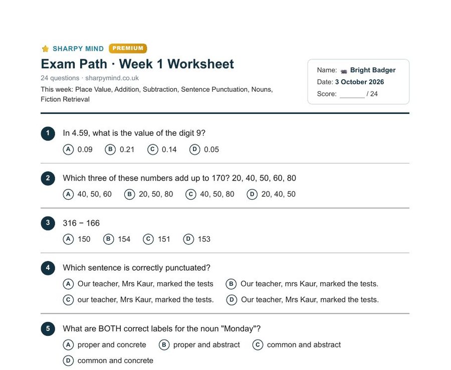 Sample Exam Path Week 1 worksheet: 24 questions with name, date and score box.