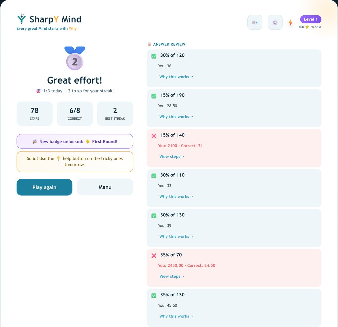 The round summary: Great effort, 78 stars, 6 of 8 correct, best streak 2, beside the answer review listing each question with a green tick or a red cross.