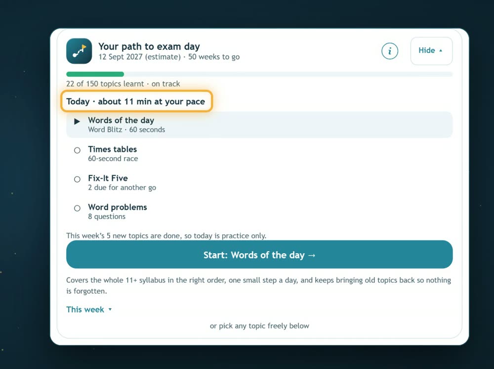 The Exam Path card: Your path to exam day, 50 weeks to go, today's session of about 11 minutes.
