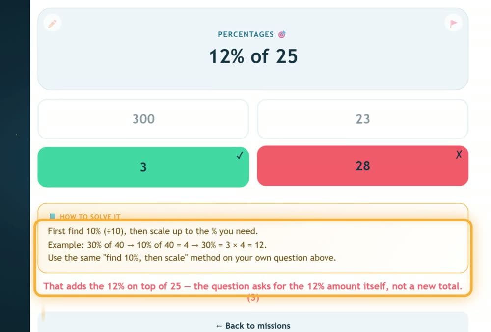 A percentages question, 12% of 25: the trap answer 28 marked wrong, 3 marked right, with the method and an explanation of the trap.
